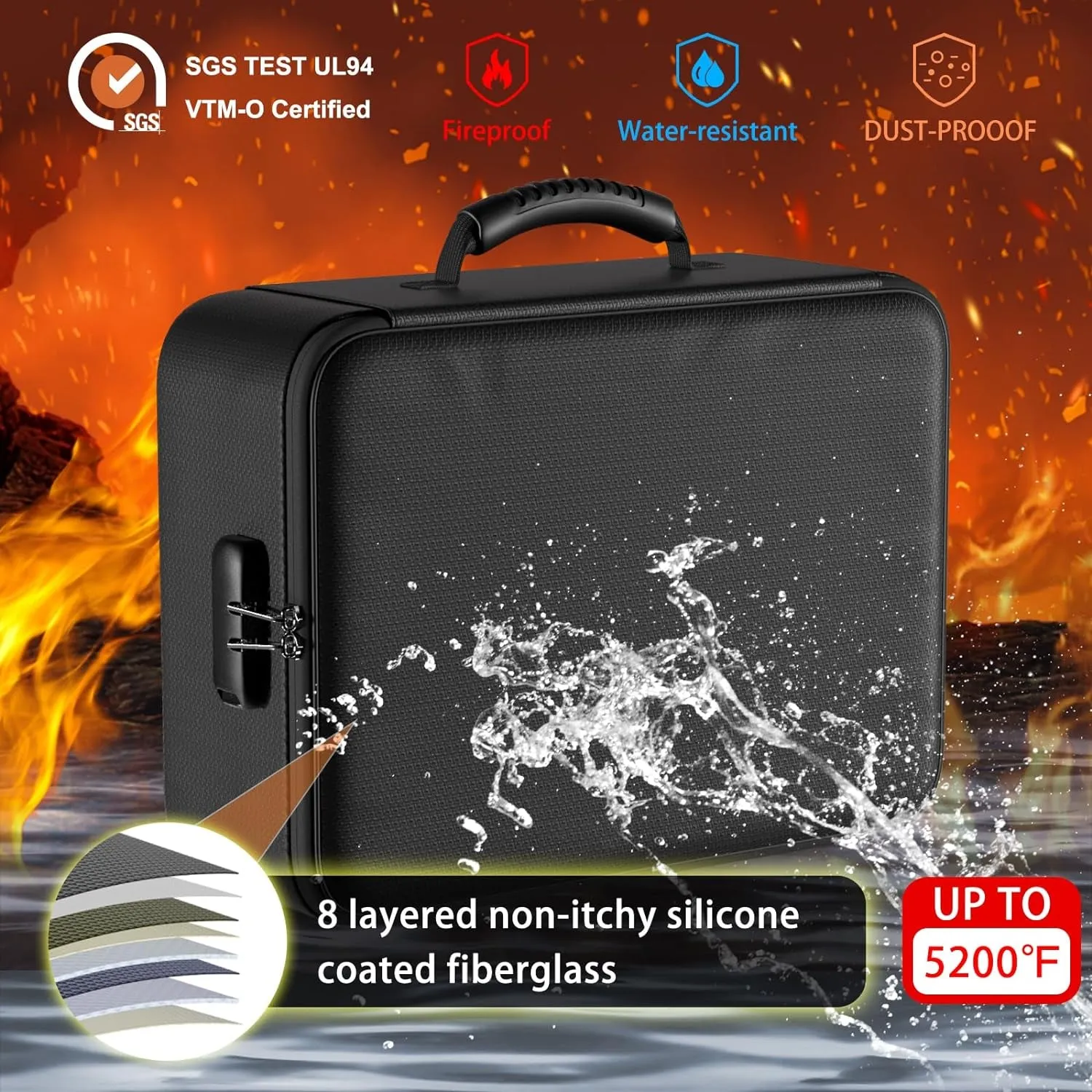 5200°F 8 Layers Fireproof Document Box with Lock, Portable Home Travel Safe
