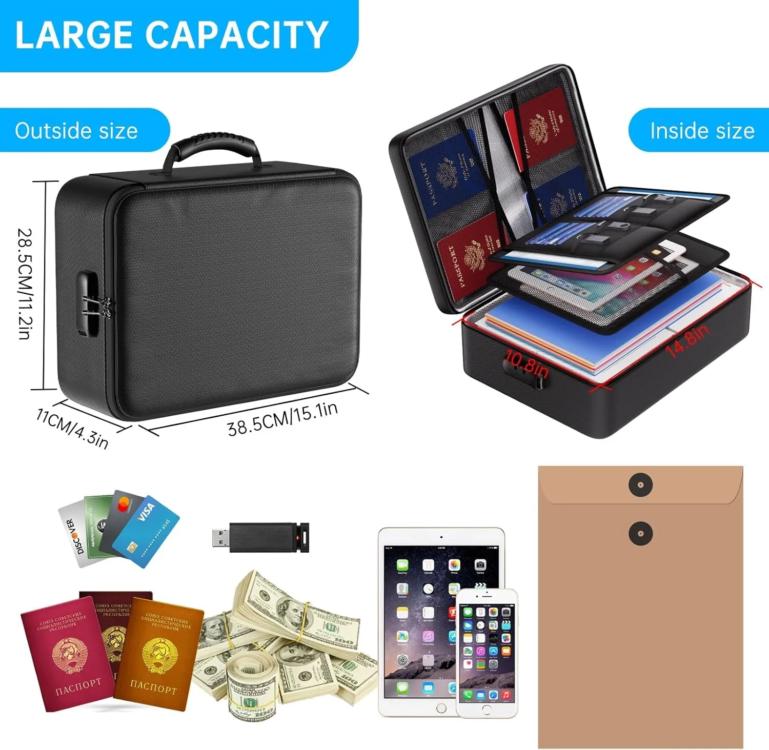 5200°F 8 Layers Fireproof Document Box with Lock, Portable Home Travel Safe