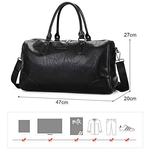 BAIGIO Men's Vintage Duffel Weekend Bag Oversize Travel Tote Faux Leather Overnight Duffle (Black)