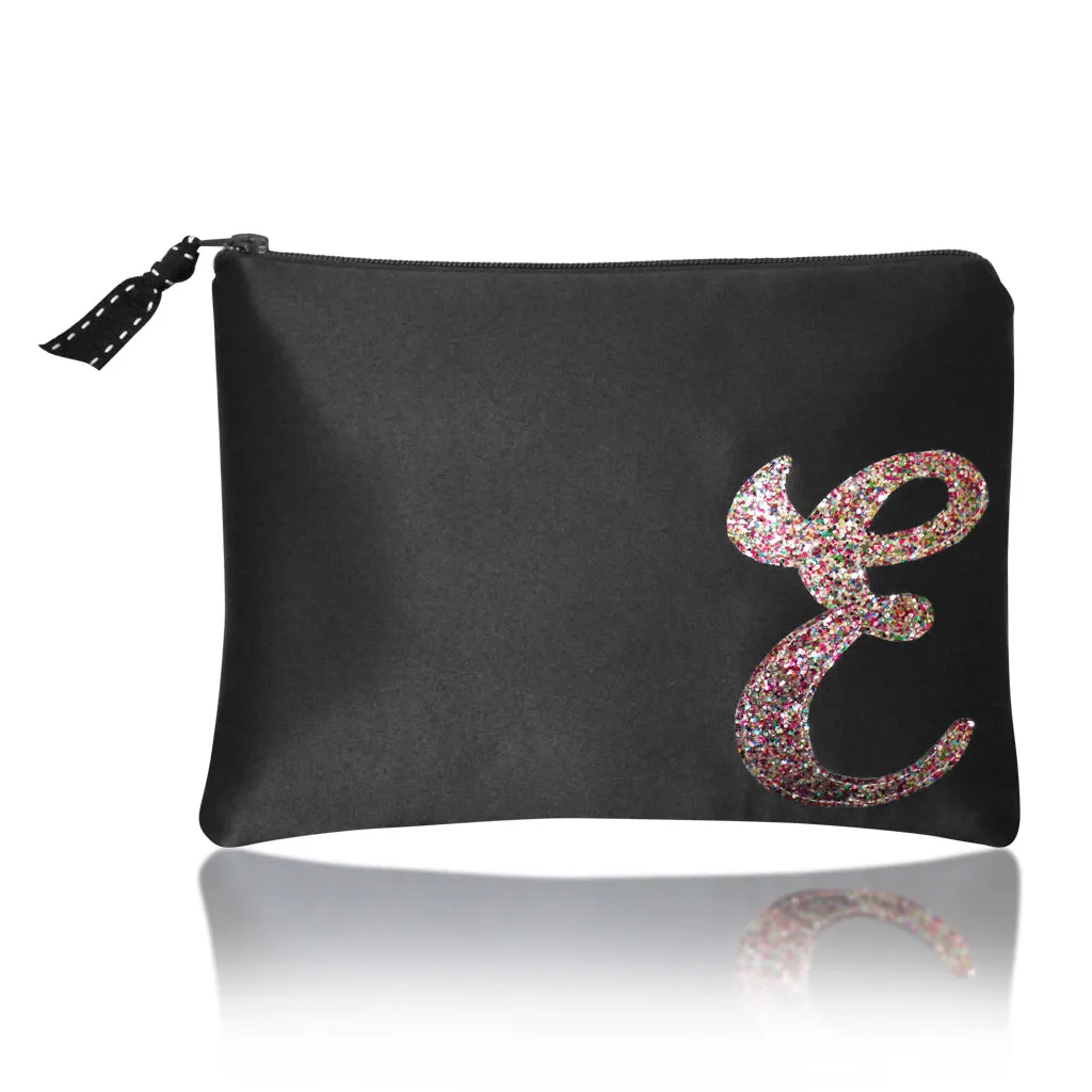 Black satin zip top personalised initial clutch