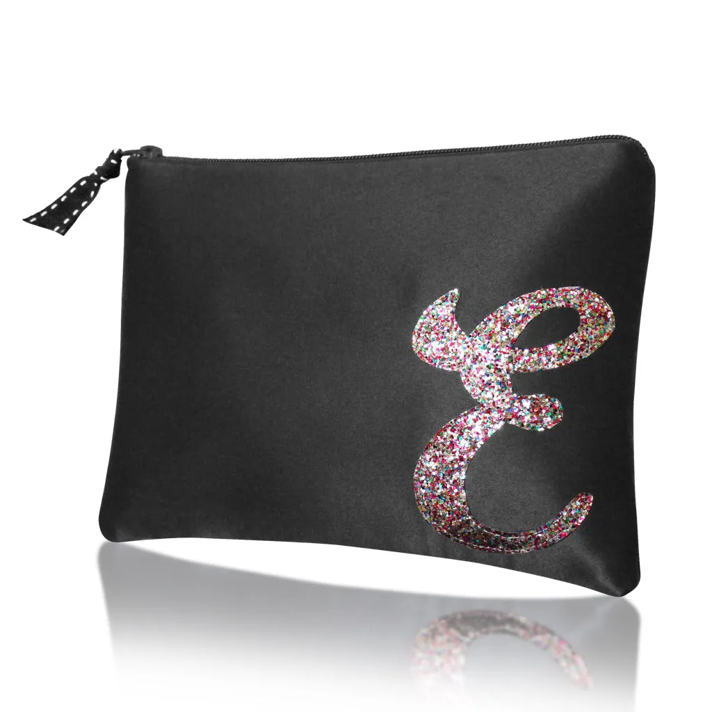 Black satin zip top personalised initial clutch