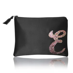 Black satin zip top personalised initial clutch