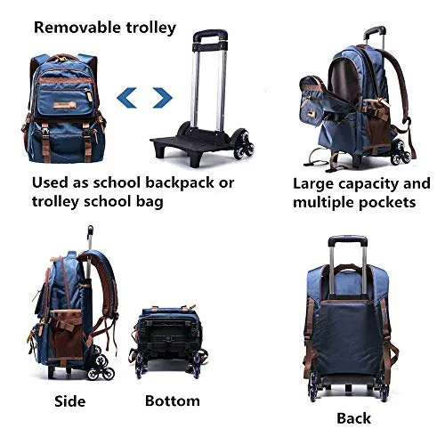 C-Xka Nylon Rolling Backpack Carry-On Luggage Travel Duffel Bag Wheeled Book Bag Detachable Dual