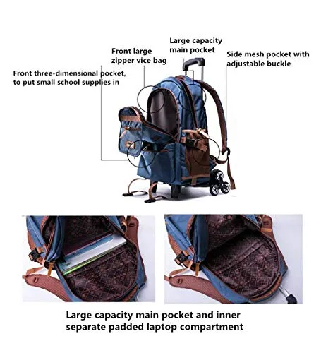C-Xka Nylon Rolling Backpack Carry-On Luggage Travel Duffel Bag Wheeled Book Bag Detachable Dual