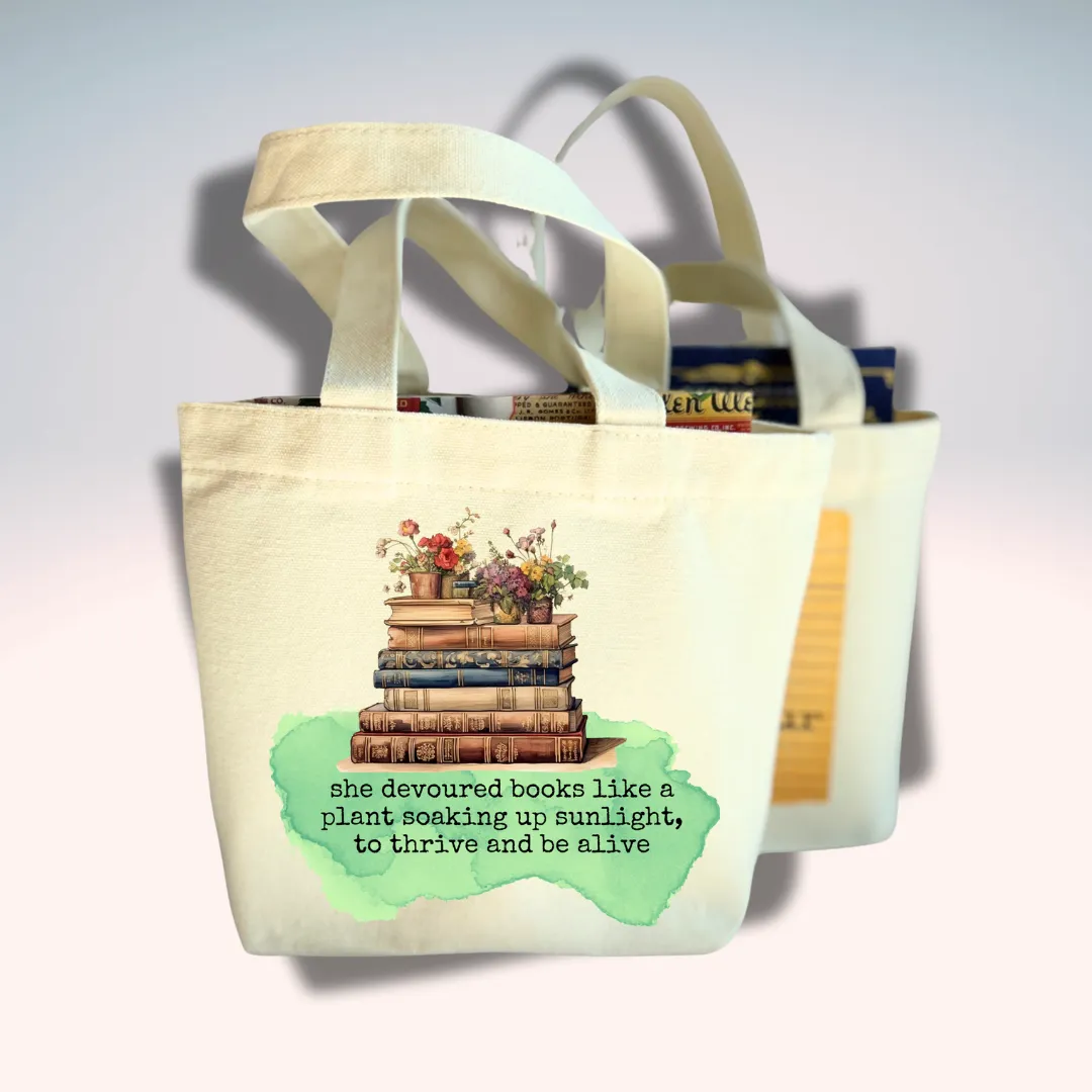 Canvas Mini Tote Bag - Soaking Up Books like Plants in Sunlight