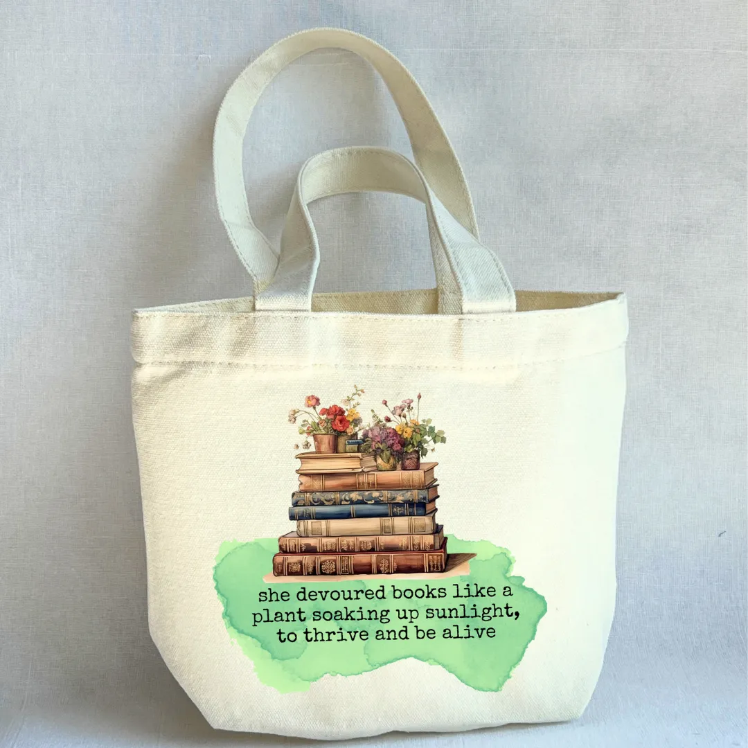 Canvas Mini Tote Bag - Soaking Up Books like Plants in Sunlight