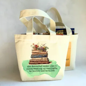 Canvas Mini Tote Bag - Soaking Up Books like Plants in Sunlight