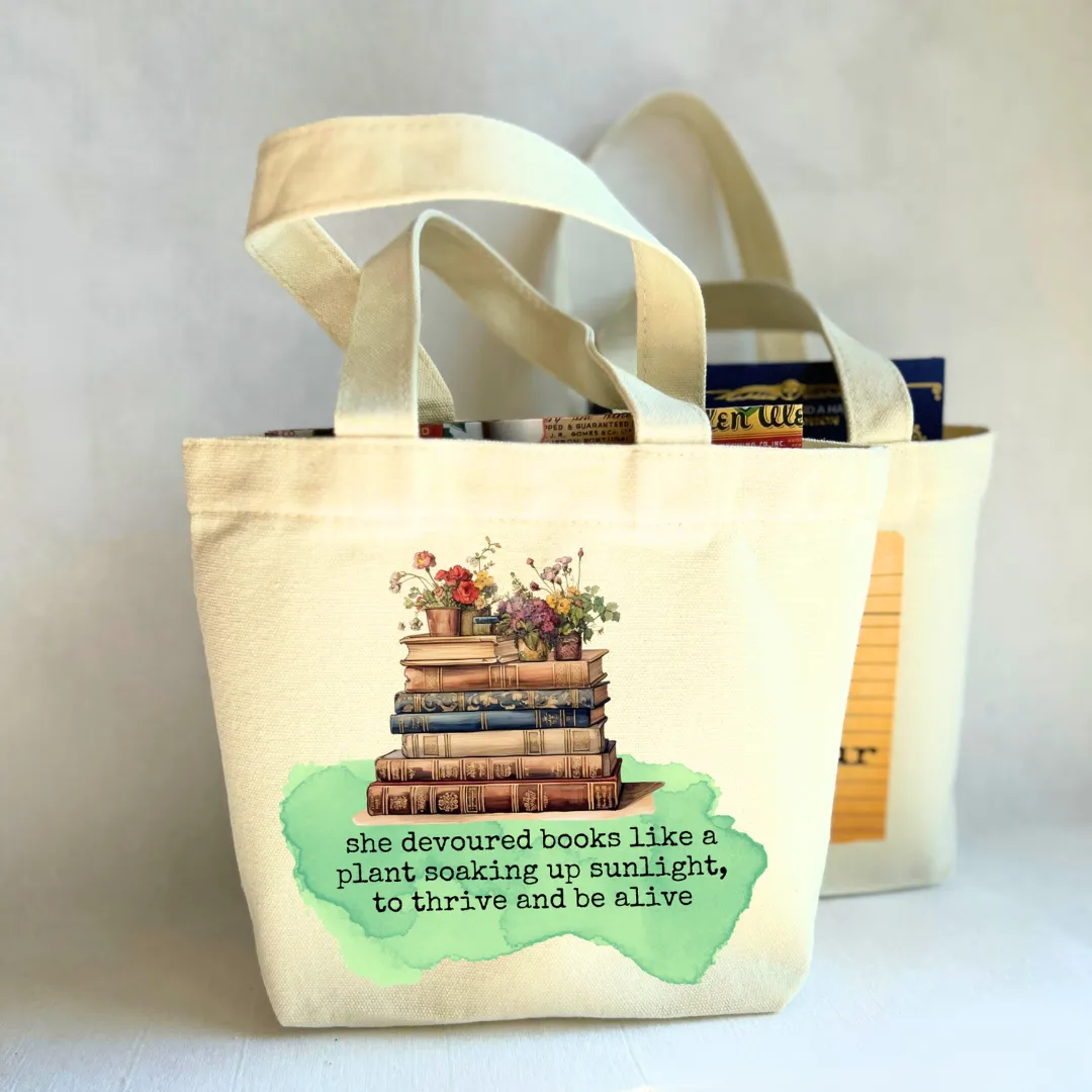 Canvas Mini Tote Bag - Soaking Up Books like Plants in Sunlight