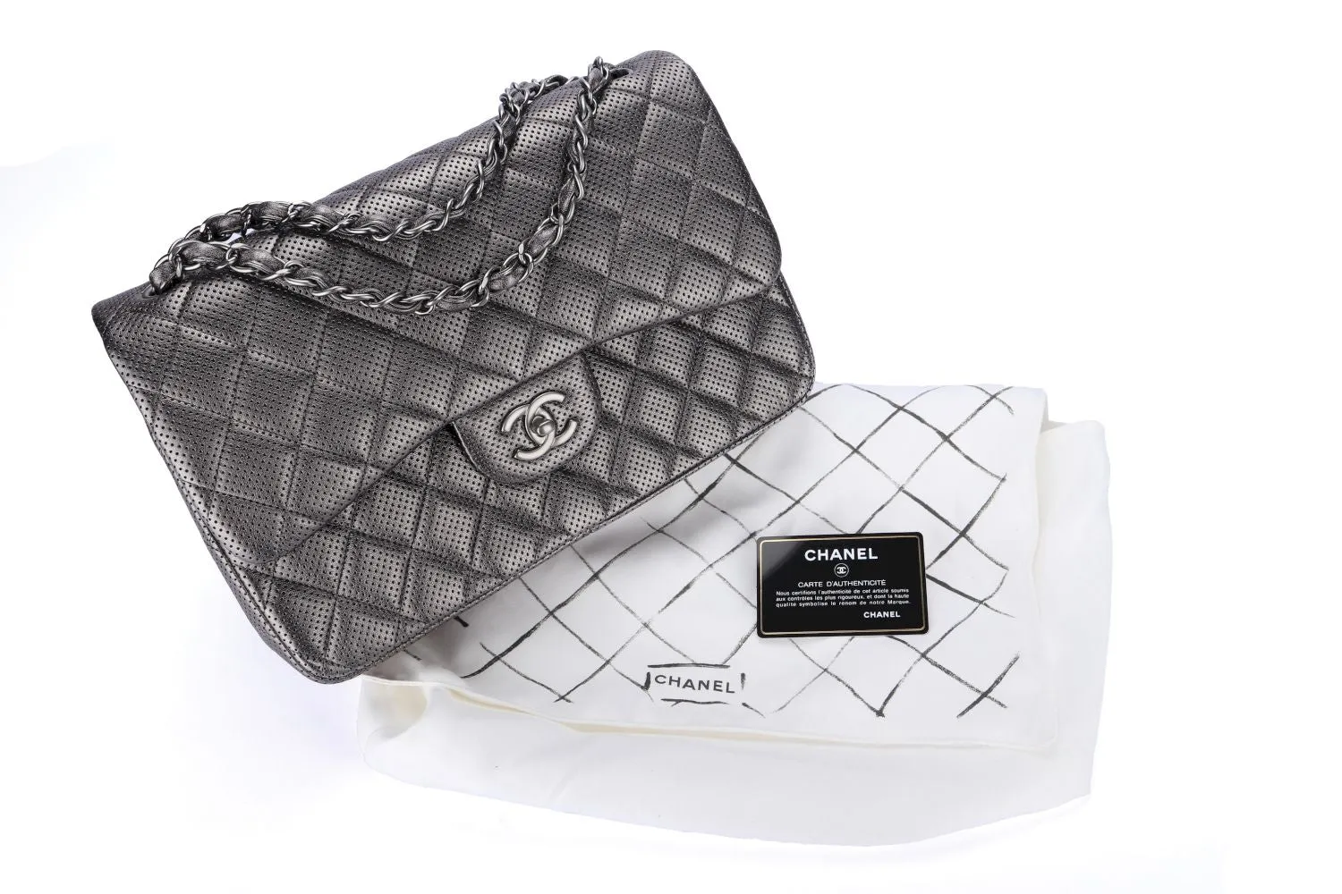 Chanel Classic Flap (2063xxxx) Jumbo Dark Metallic Silver Perforated Lambskin with Card & Dust Cover