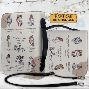 CHRISTIANARTBAG Bible Cover – "What Does The Bible Say About Mothers" Scripture Guide Design with Customizable Name | Spiritual Comfort and Guidance for Life's Challenges - CAB01011024