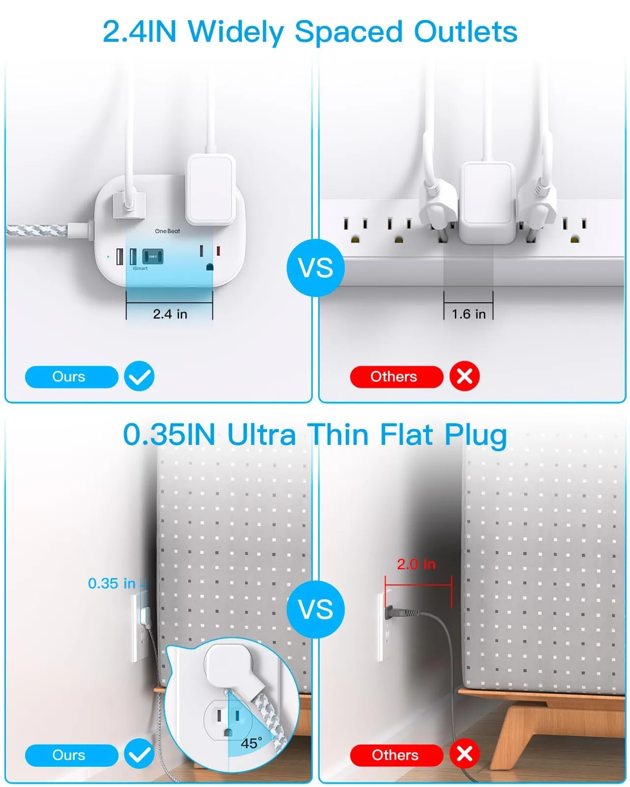 Cruise Ship Essentials, Travel Power Strip with USB C, Flat Plug Extension Cord with 3 Outlets 4 USB Ports(2 USB C), 5 ft Desk Wall Outlet Extender, Non Surge Protector for Cruise, Dorm Room, ETL