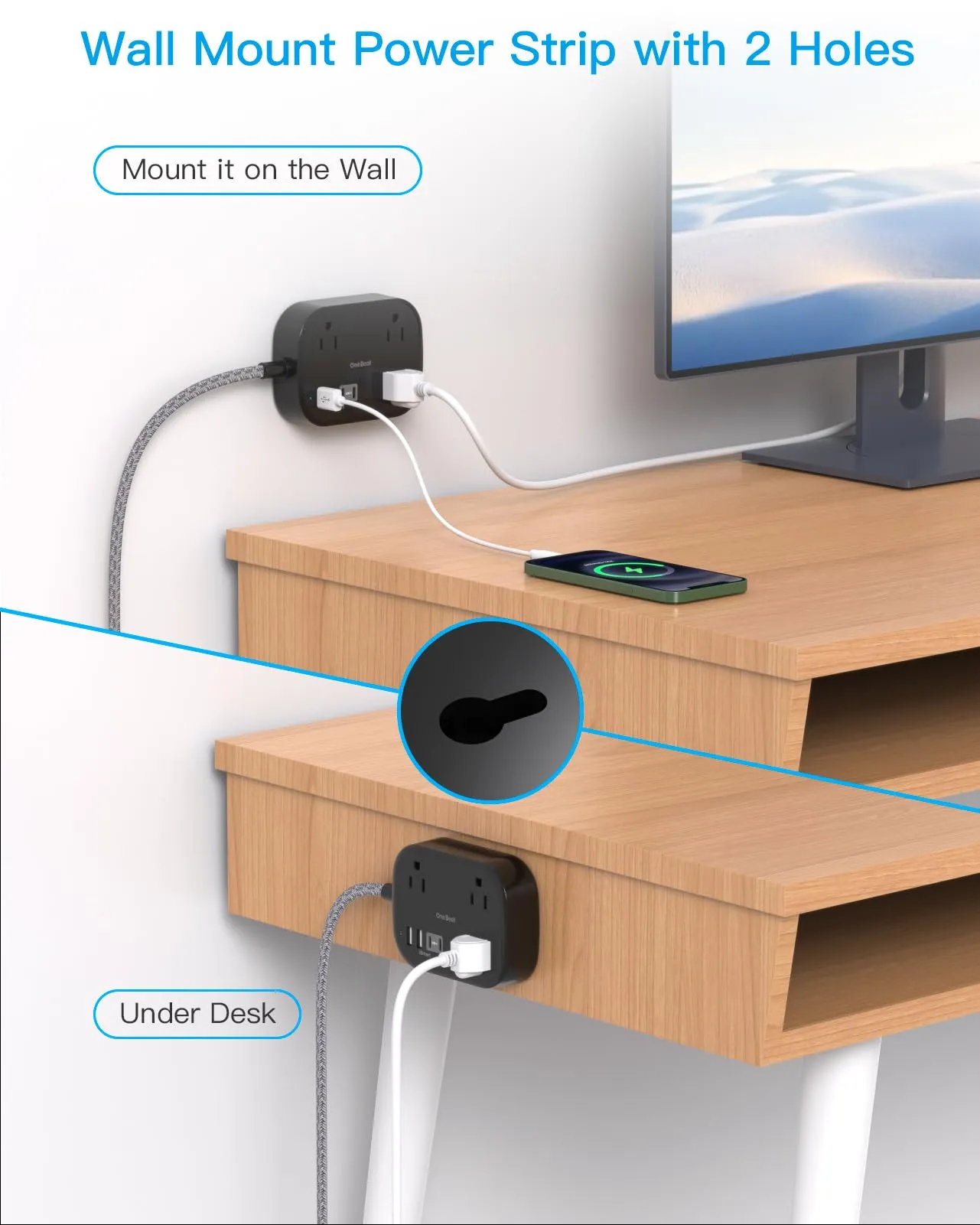 Cruise Ship Essentials, Travel Power Strip with USB C, Flat Plug Extension Cord with 3 Outlets 4 USB Ports(2 USB C), 5 ft Desk Wall Outlet Extender, Non Surge Protector for Cruise, Dorm Room, ETL