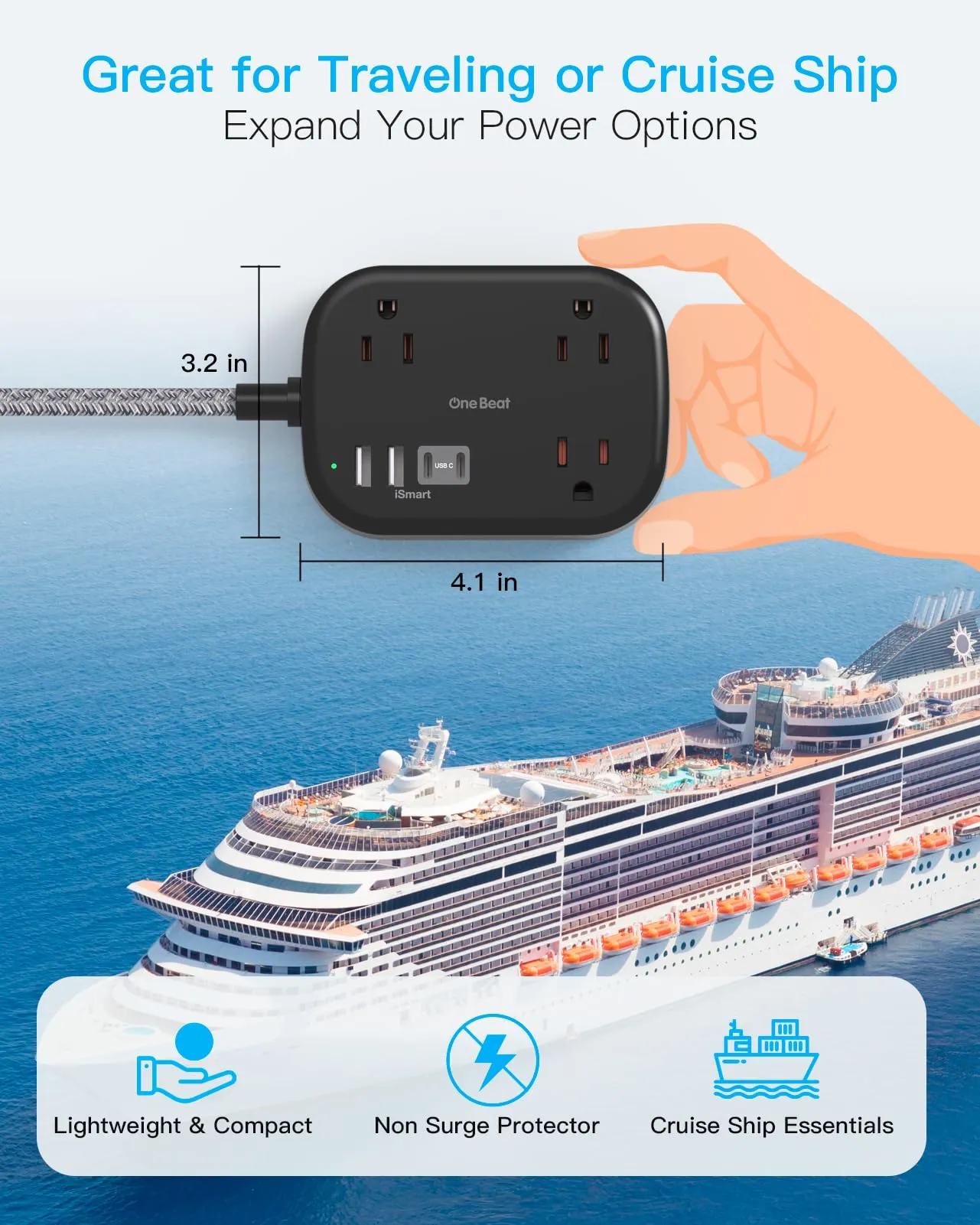 Cruise Ship Essentials, Travel Power Strip with USB C, Flat Plug Extension Cord with 3 Outlets 4 USB Ports(2 USB C), 5 ft Desk Wall Outlet Extender, Non Surge Protector for Cruise, Dorm Room, ETL