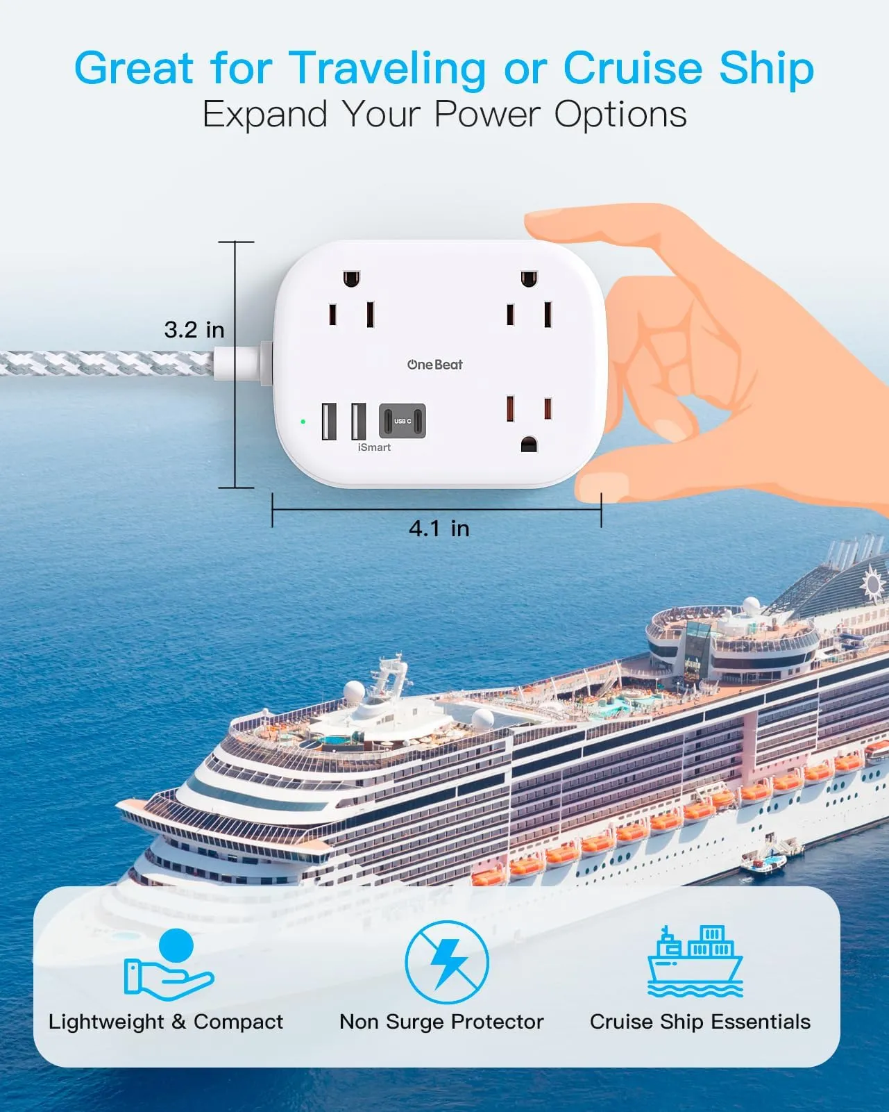 Cruise Ship Essentials, Travel Power Strip with USB C, Flat Plug Extension Cord with 3 Outlets 4 USB Ports(2 USB C), 5 ft Desk Wall Outlet Extender, Non Surge Protector for Cruise, Dorm Room, ETL