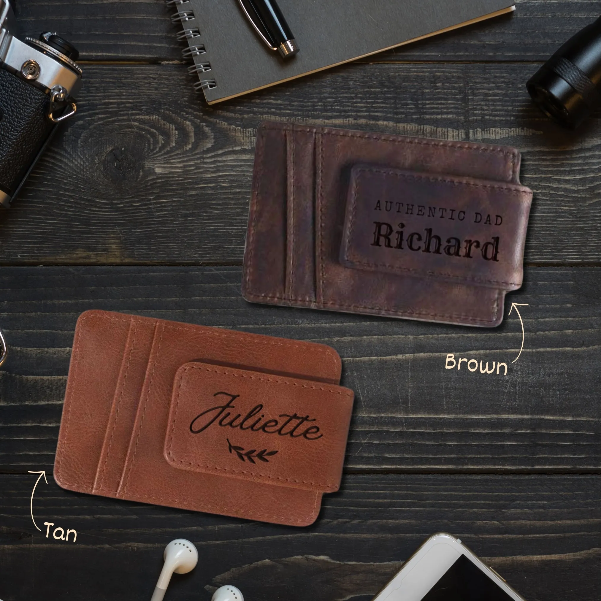 Engraved Genuine Leather Magnetic Money Clip & Cards Holder