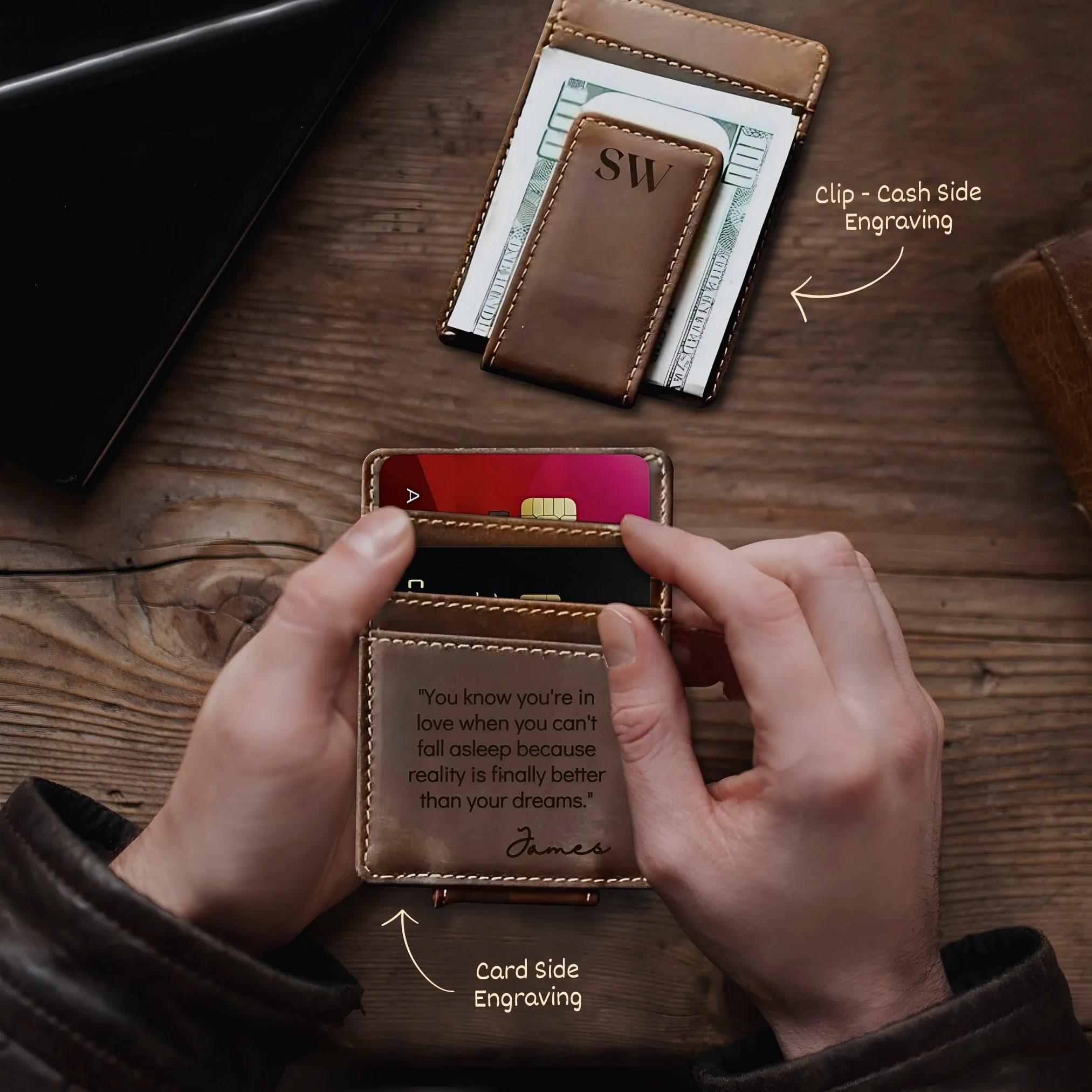 Engraved Genuine Leather Magnetic Money Clip & Cards Holder