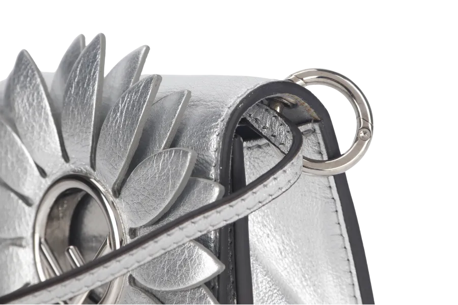 FENDI FLOWER MICRO KAN-I (8BS003) METALLIC SILVER CROSSBODY BAG WITH DUST COVER AND BOX