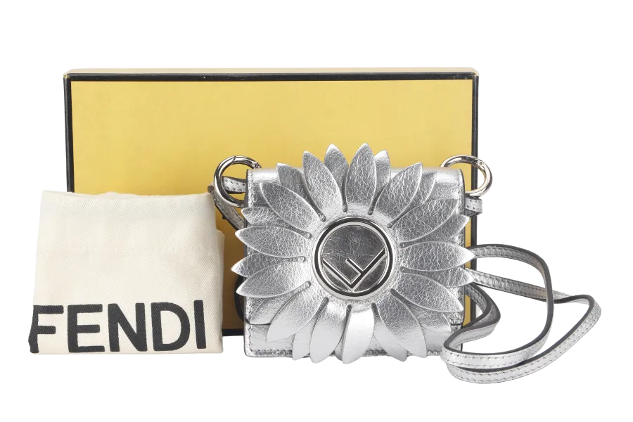 FENDI FLOWER MICRO KAN-I (8BS003) METALLIC SILVER CROSSBODY BAG WITH DUST COVER AND BOX