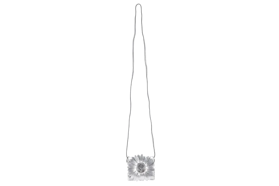 FENDI FLOWER MICRO KAN-I (8BS003) METALLIC SILVER CROSSBODY BAG WITH DUST COVER AND BOX