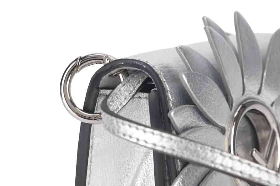 FENDI FLOWER MICRO KAN-I (8BS003) METALLIC SILVER CROSSBODY BAG WITH DUST COVER AND BOX