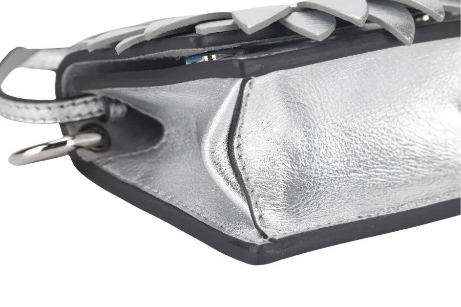 FENDI FLOWER MICRO KAN-I (8BS003) METALLIC SILVER CROSSBODY BAG WITH DUST COVER AND BOX