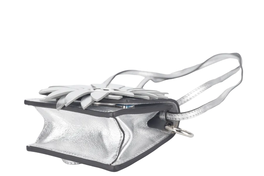 FENDI FLOWER MICRO KAN-I (8BS003) METALLIC SILVER CROSSBODY BAG WITH DUST COVER AND BOX