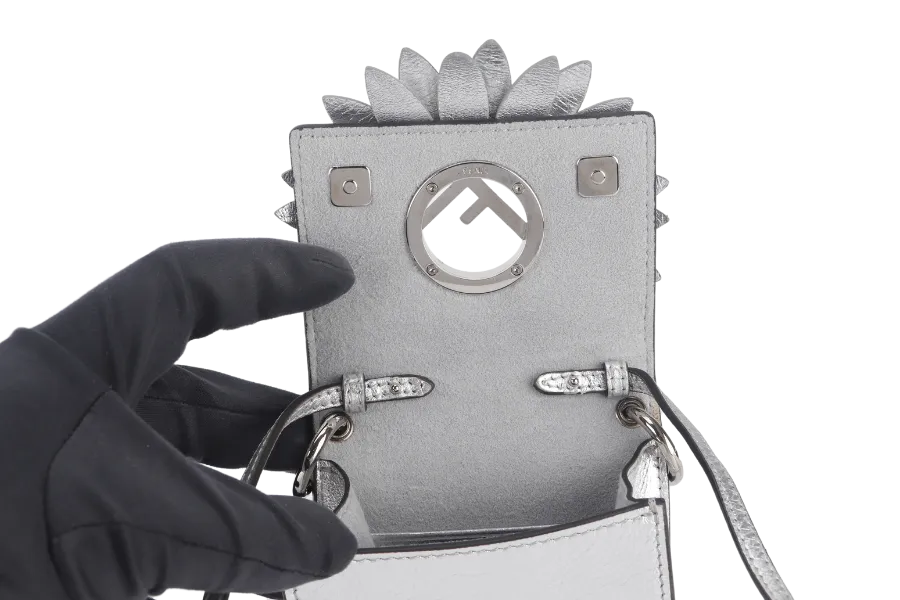 FENDI FLOWER MICRO KAN-I (8BS003) METALLIC SILVER CROSSBODY BAG WITH DUST COVER AND BOX