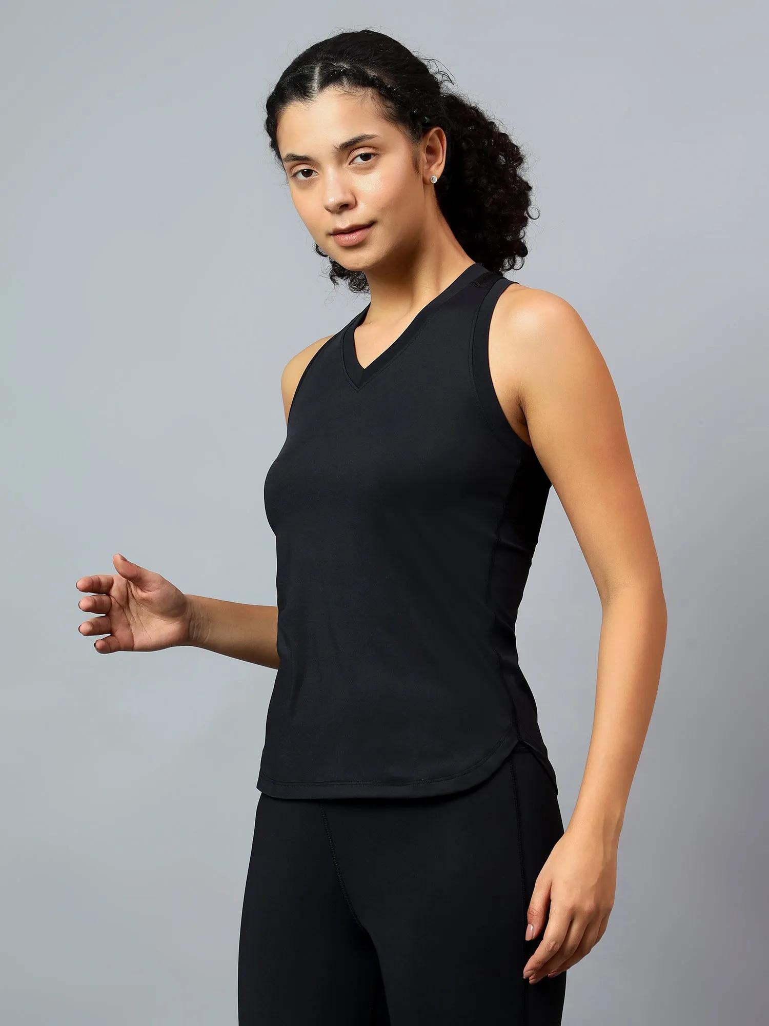 Fitkin Women Black Racer Back Mesh Tank