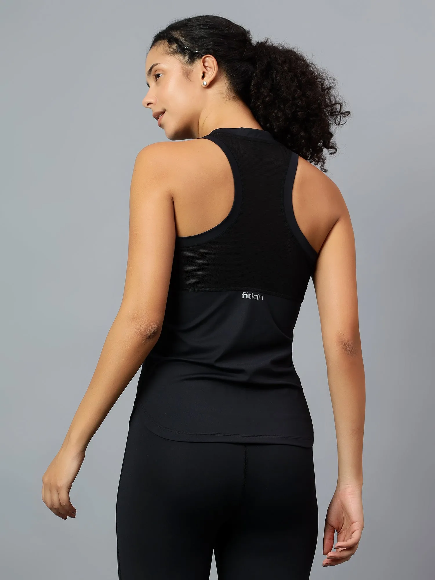 Fitkin Women Black Racer Back Mesh Tank