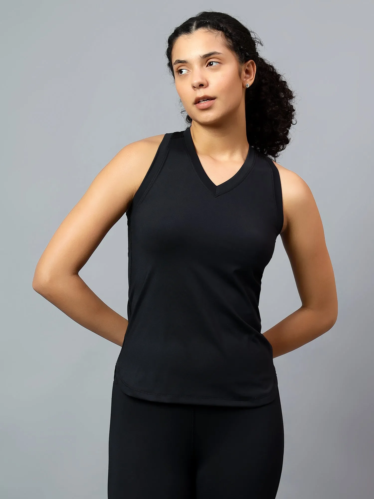 Fitkin Women Black Racer Back Mesh Tank