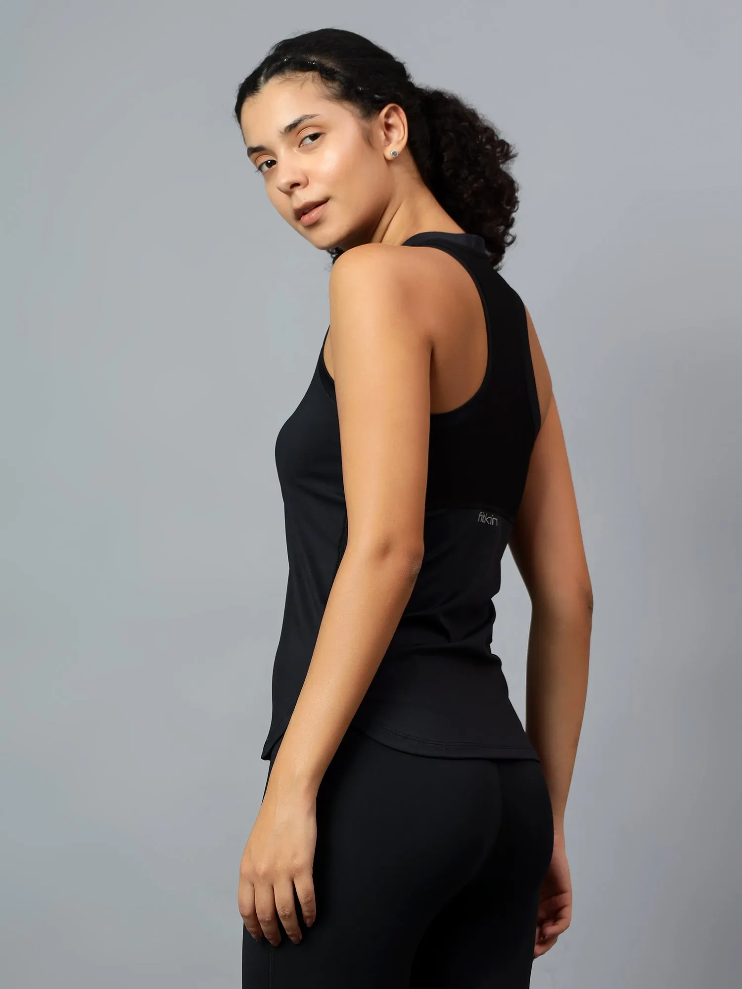 Fitkin Women Black Racer Back Mesh Tank