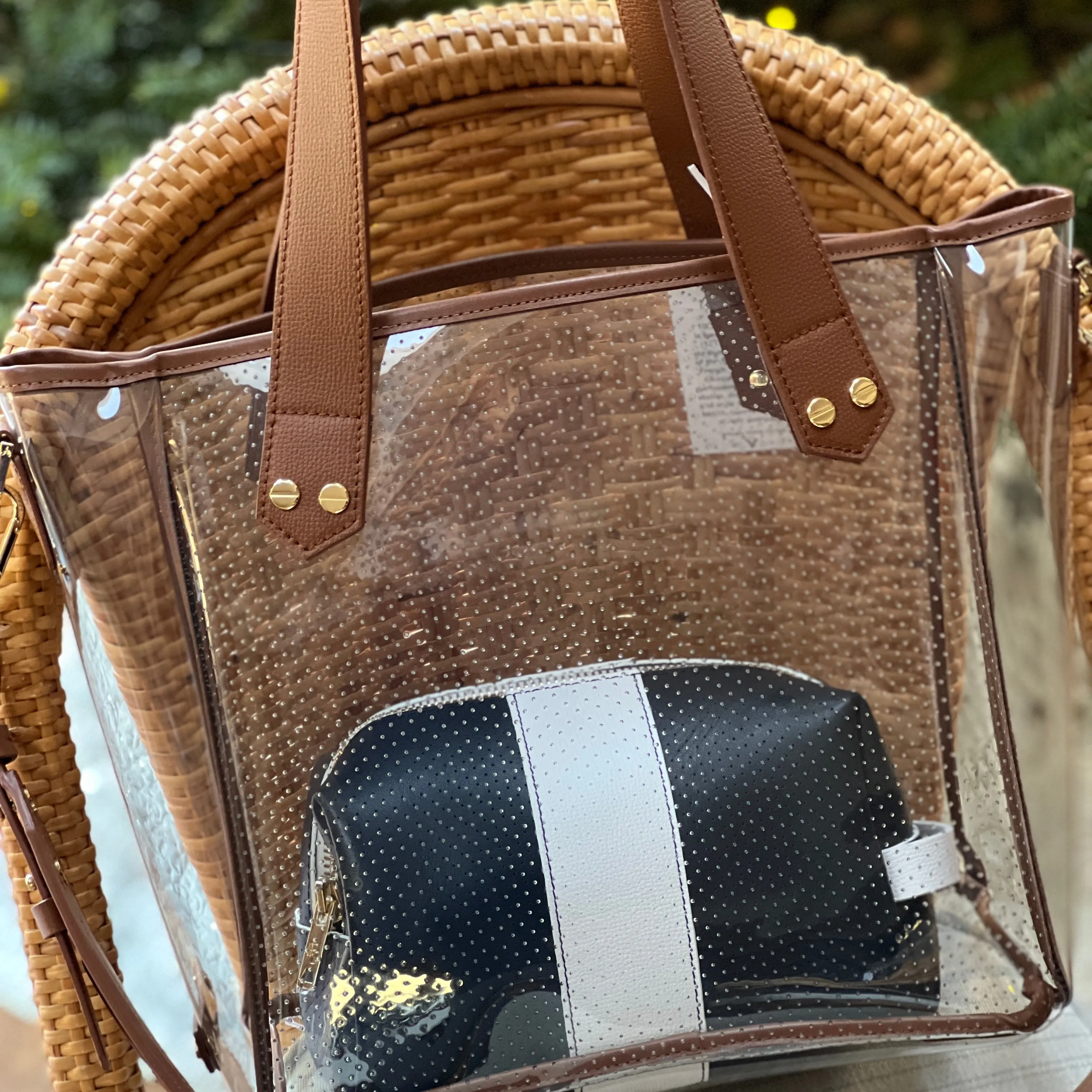 Gameday Bag - Tan Leather / Clear PVC / Gold Hardware