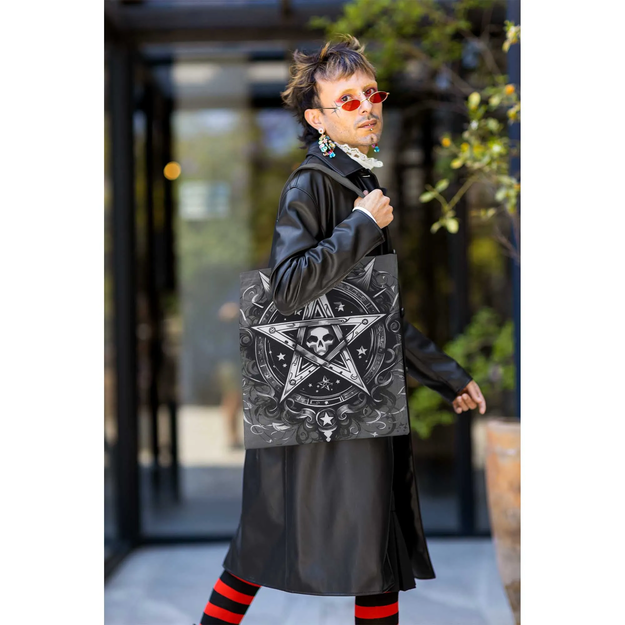 Gray Witchy Goth Pentacle Tote Bag, Celtic Pentagram Grocery Bag