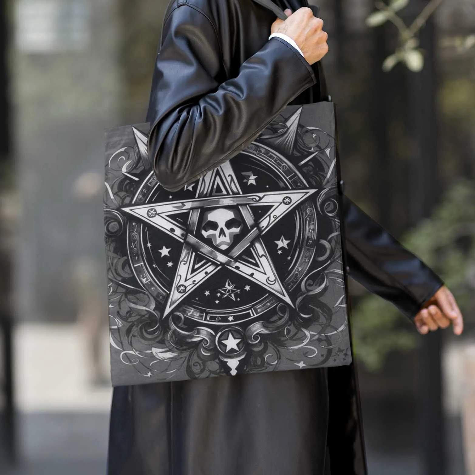 Gray Witchy Goth Pentacle Tote Bag, Celtic Pentagram Grocery Bag