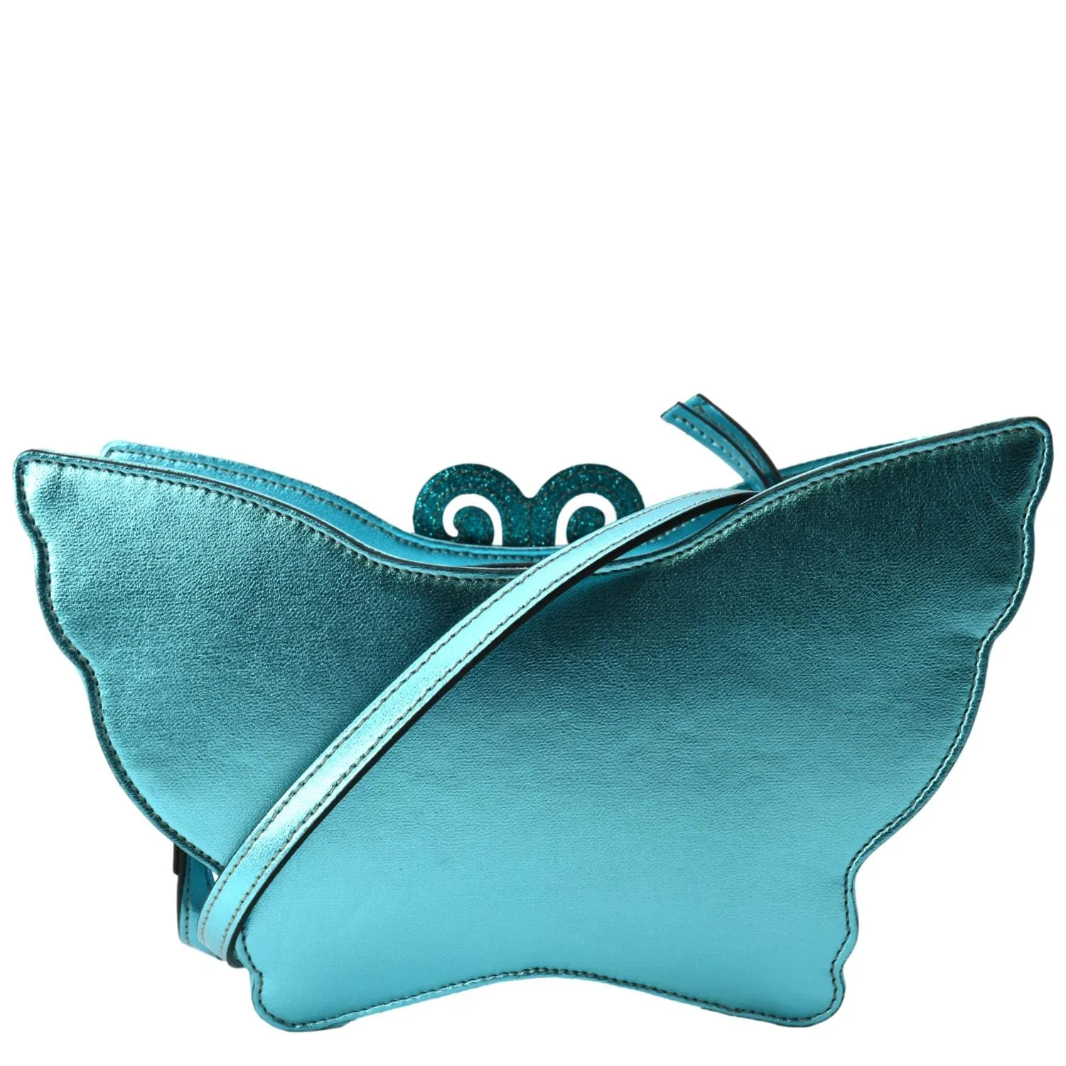 Gucci Kid's Glitter Butterfly Leather Shoulder Bag Metallic Blue 648809