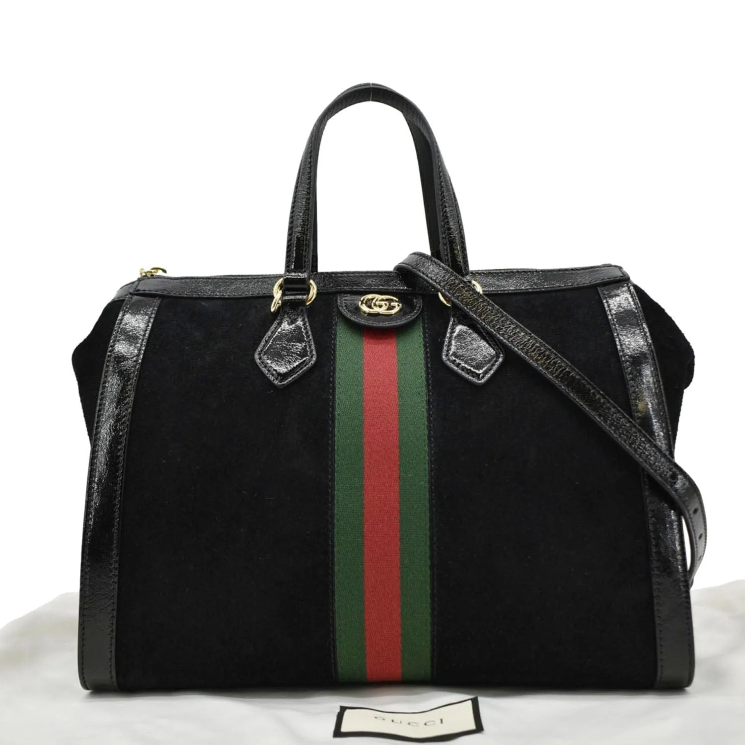 GUCCI Ophidia  Medium Web Suede Tote Bag Black 524537