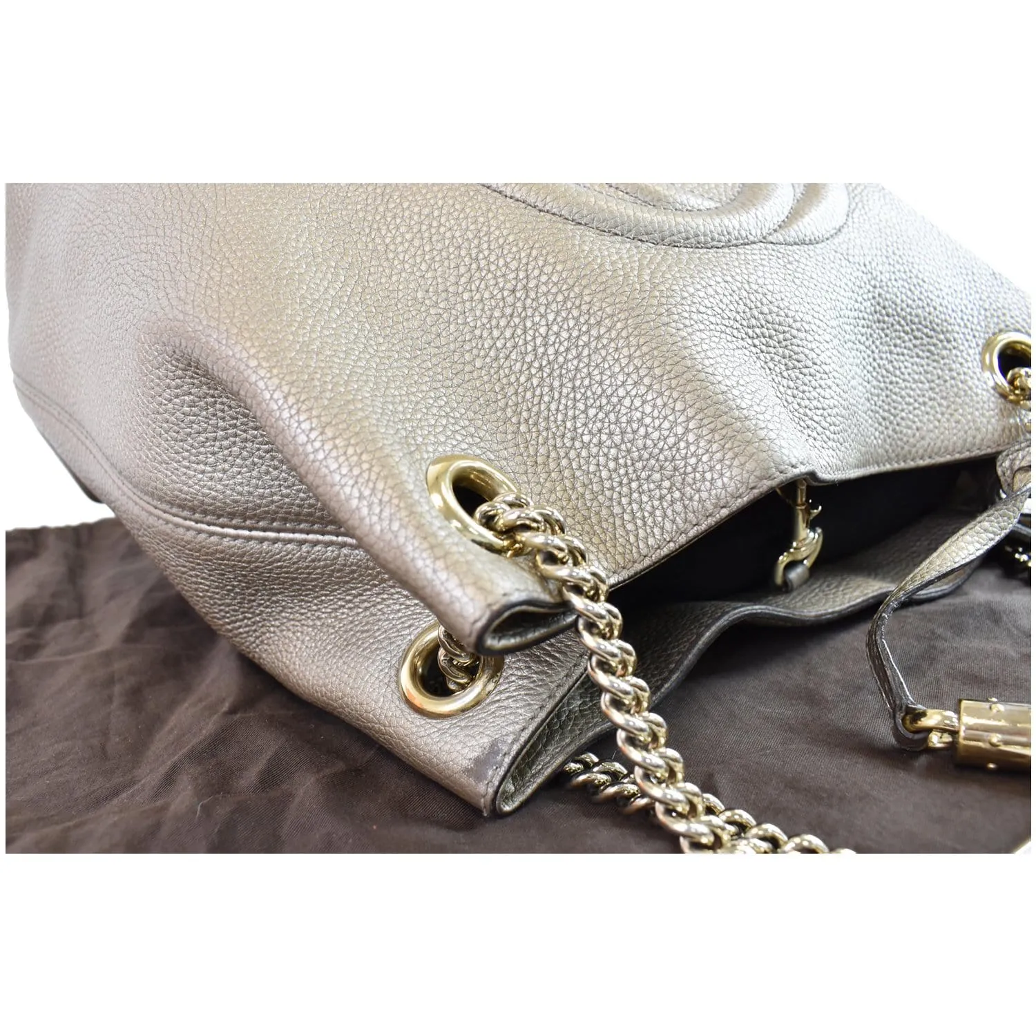 GUCCI Soho Pebbled Leather Chain Shoulder Bag 308982 Beige