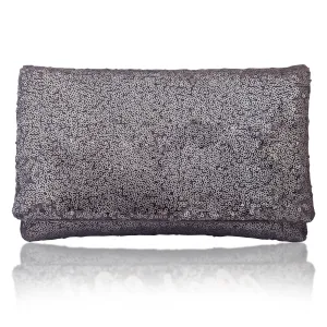 Gunmetal grey sequin plain clutch handbag