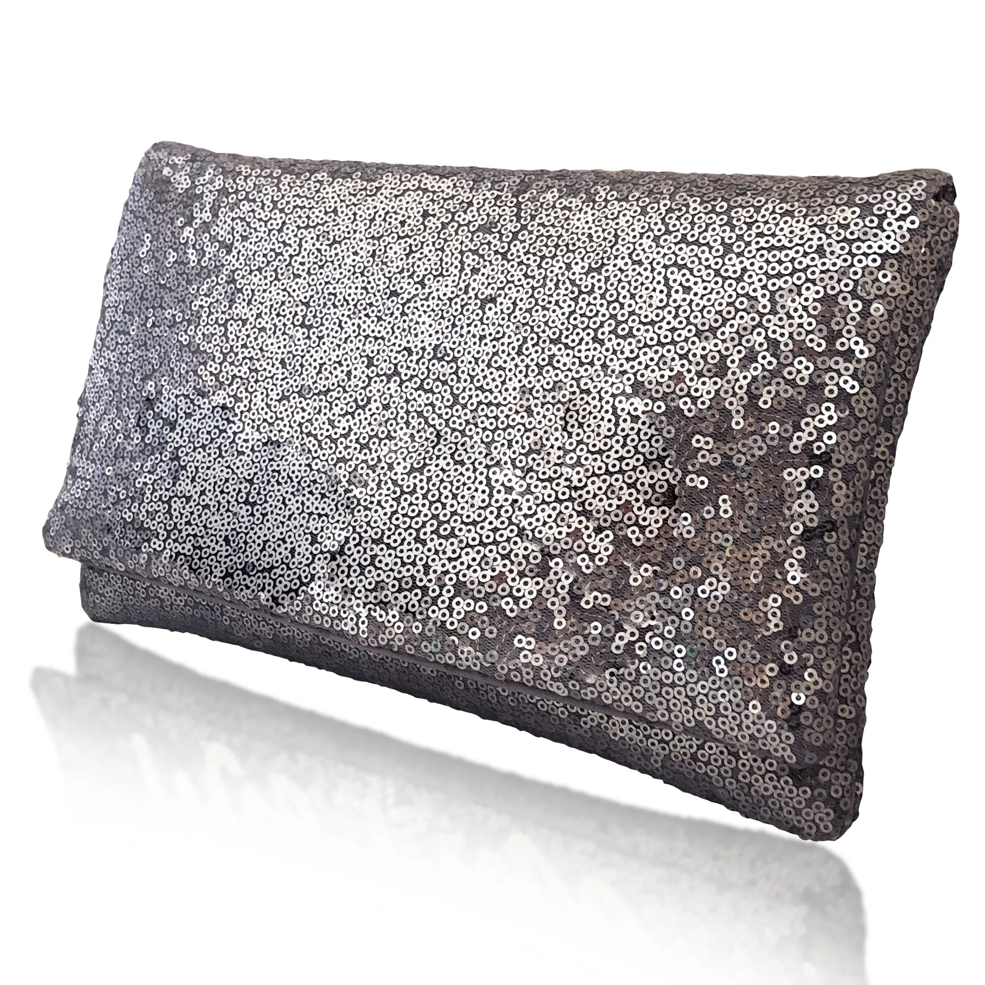 Gunmetal grey sequin plain clutch handbag