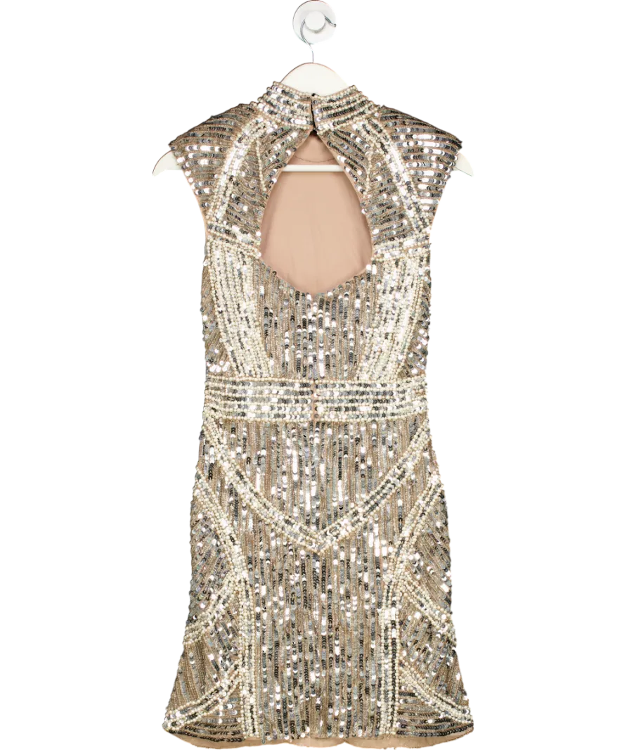 Karen Millen Metallic Embellished Pearl Strong Shoulder Mini Dress UK 8