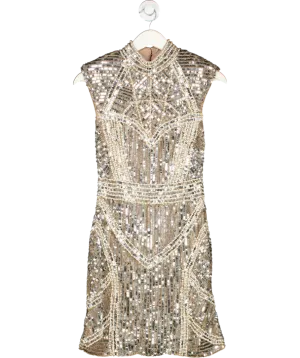 Karen Millen Metallic Embellished Pearl Strong Shoulder Mini Dress UK 8