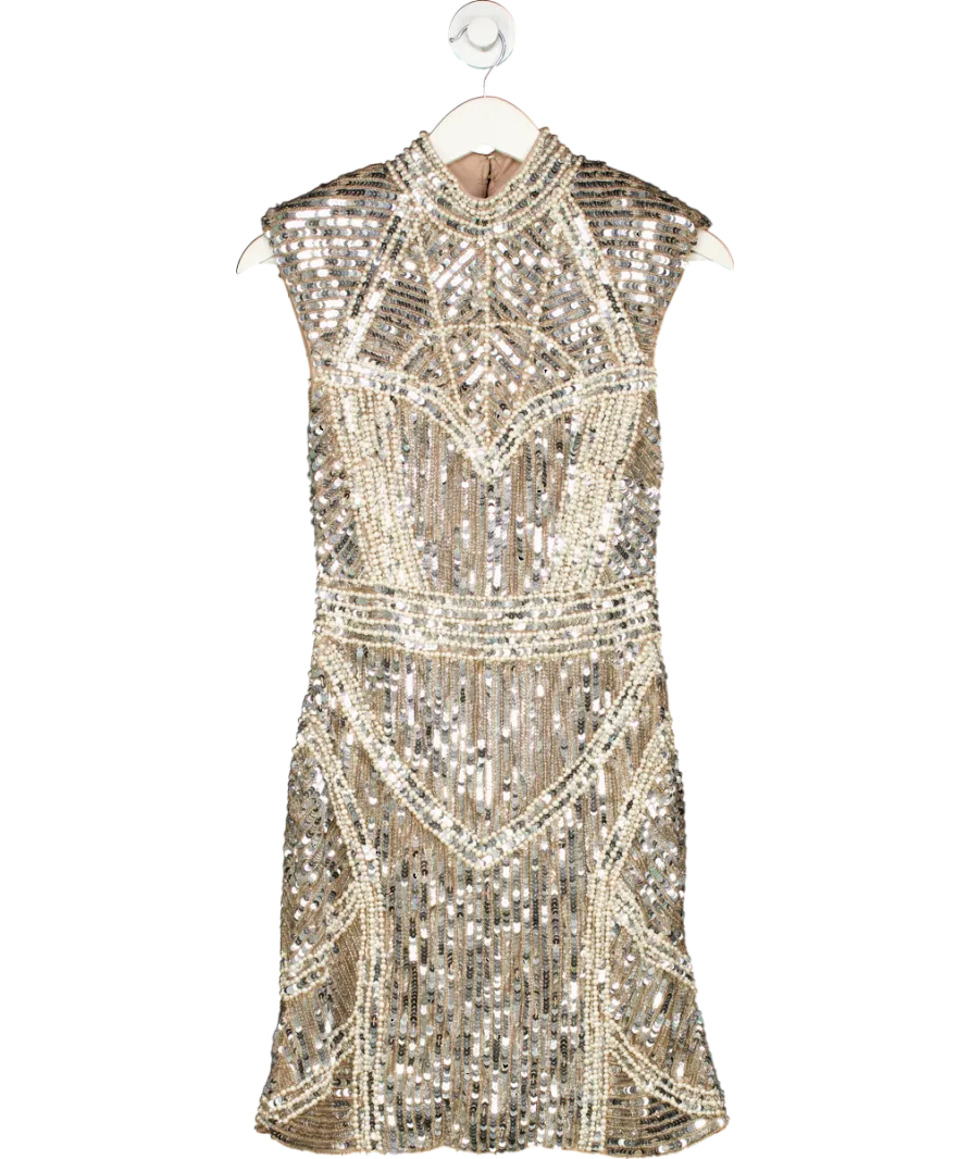 Karen Millen Metallic Embellished Pearl Strong Shoulder Mini Dress UK 8