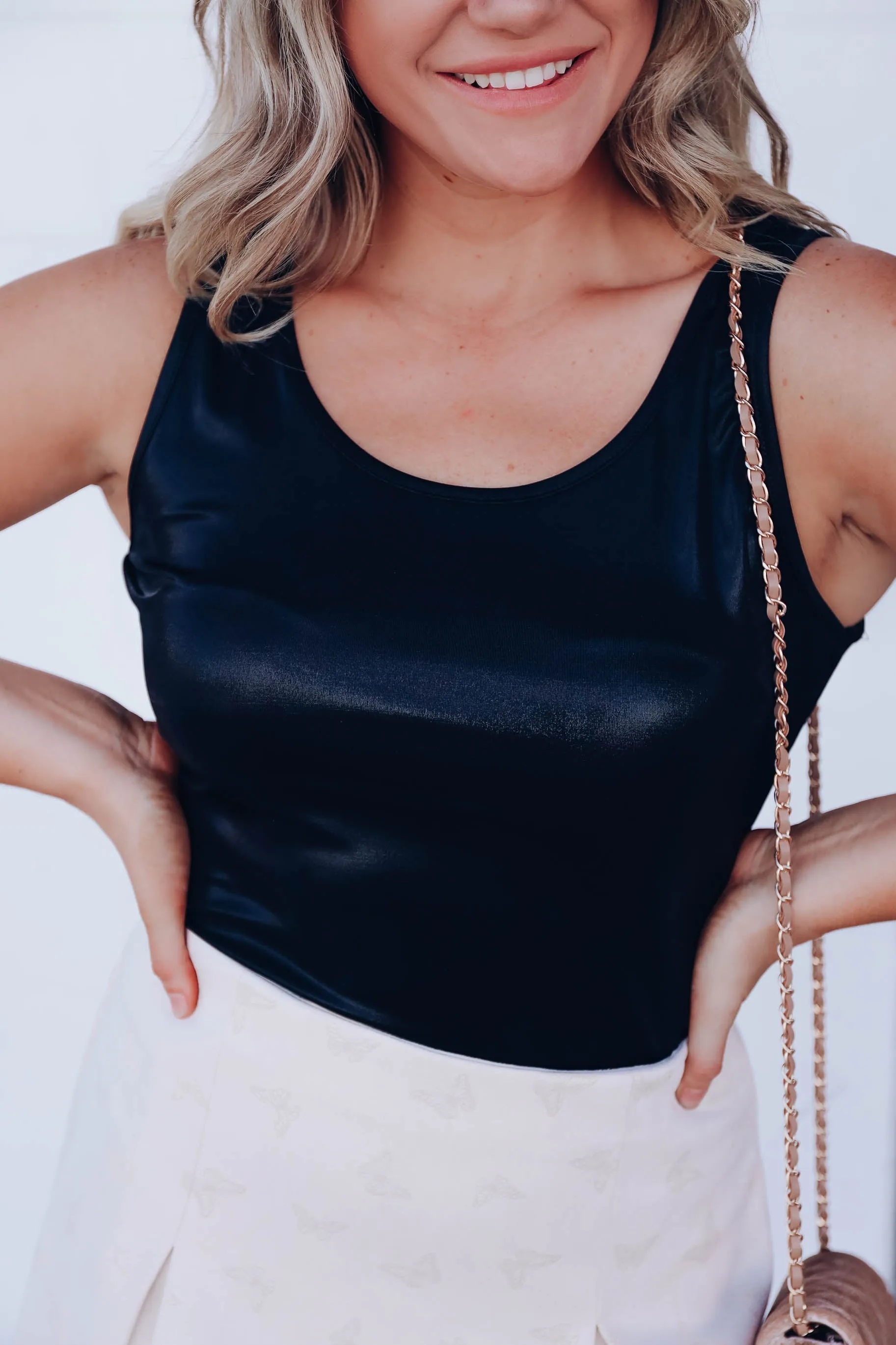 Metallic Sheen Sleeveless Bodysuit - Black