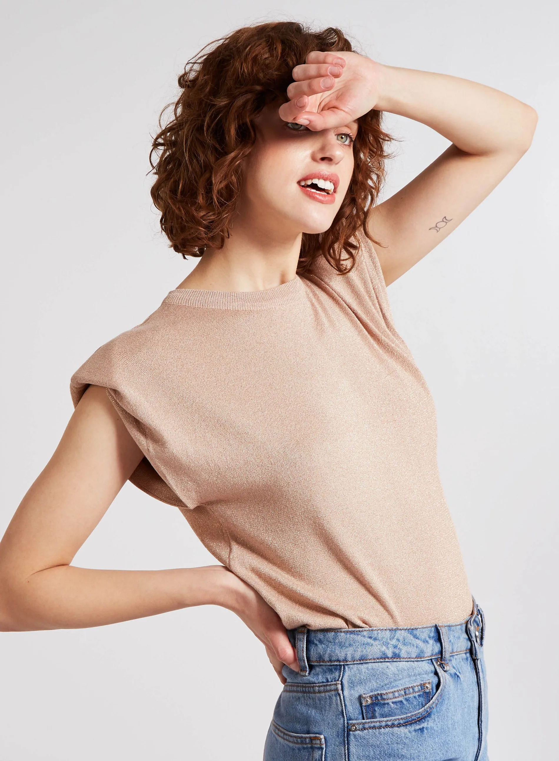 Metallic Shoulder Pads Sleeveless Jumper
