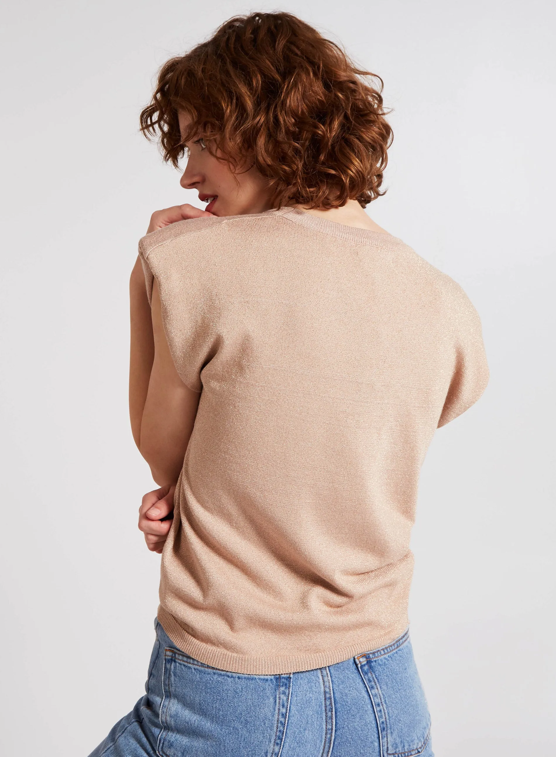 Metallic Shoulder Pads Sleeveless Jumper