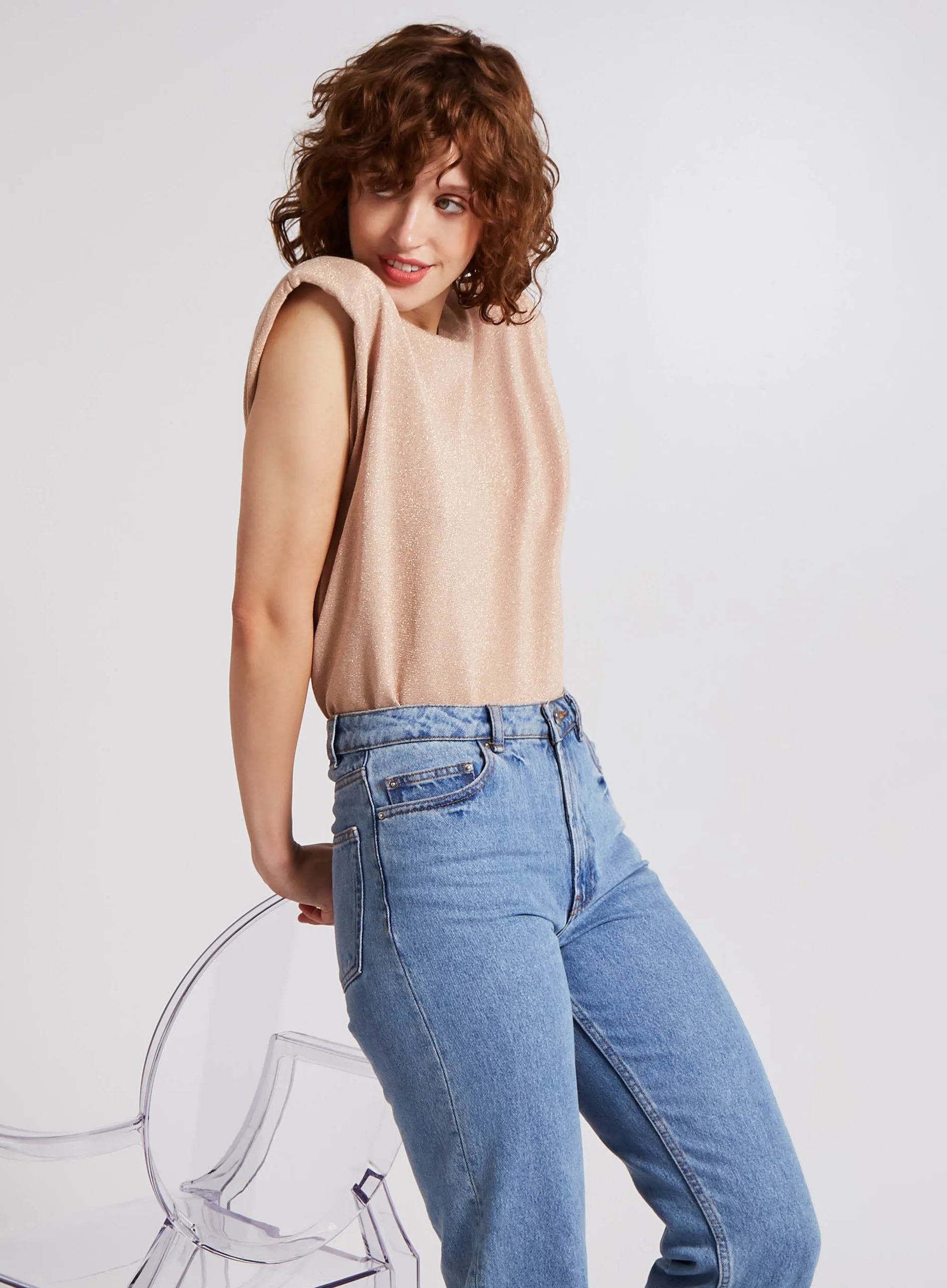 Metallic Shoulder Pads Sleeveless Jumper