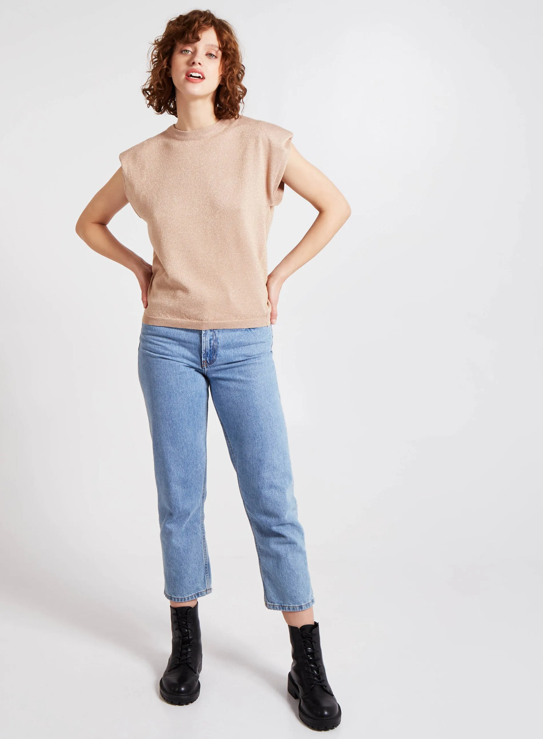Metallic Shoulder Pads Sleeveless Jumper