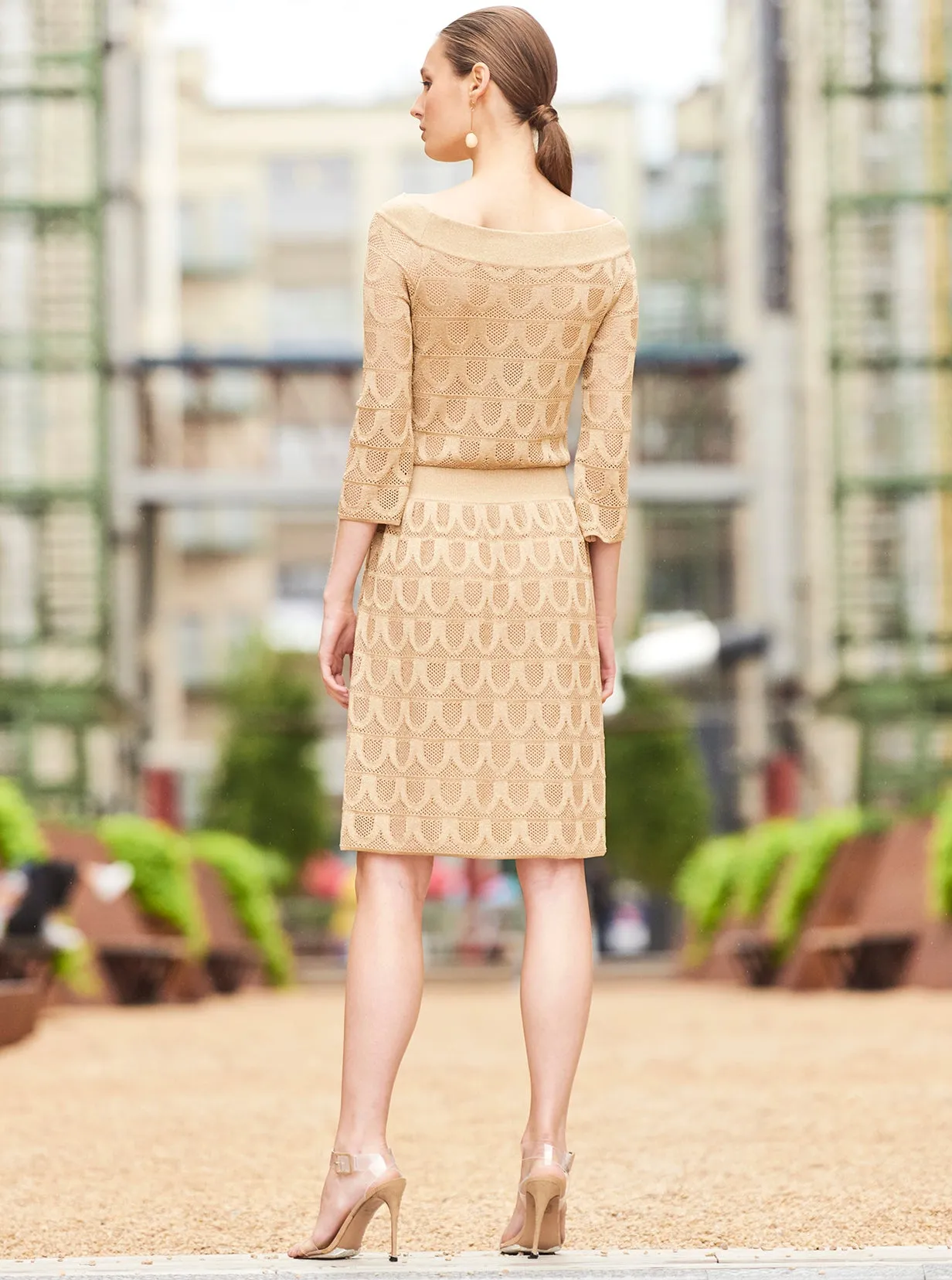 Millicente - Bell Sleeve Off-Shoulder Metallic Dress