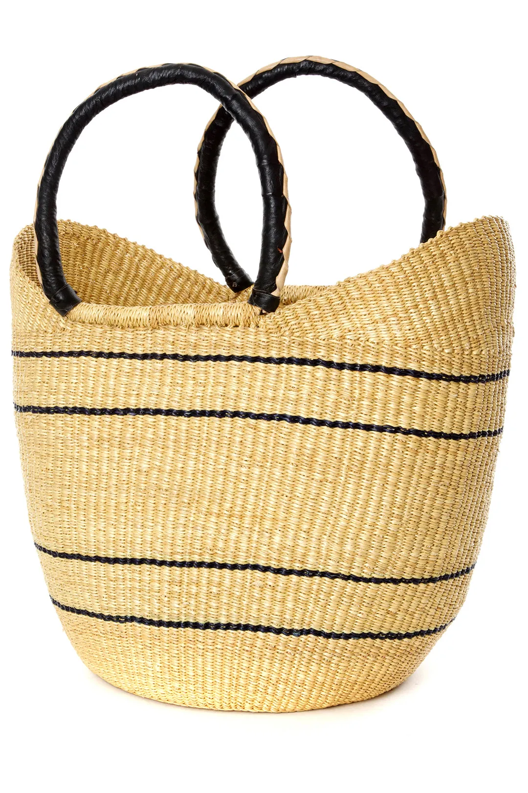 Natural Pinstripe Bolga Shopper with Leather Handles
