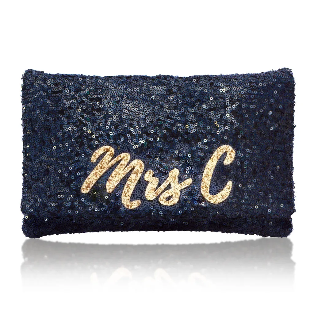 Navy sequin personalised MRS initial clutch